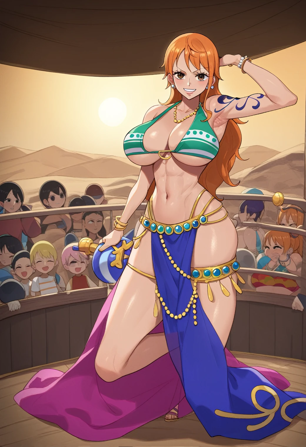 score_9,score_8_up,score_7_up, ,1girl, nami, one piece pre-timeskip, shiny skin, clothed female, wearing , nami, gyaru, full body, seductive moving her hands on shota body,, nasty nami, bitch nami, , desert, miraj, harem clothes, belly dance,live show, public throwing coins, concert, stage, lighting, purple harem clothes,
