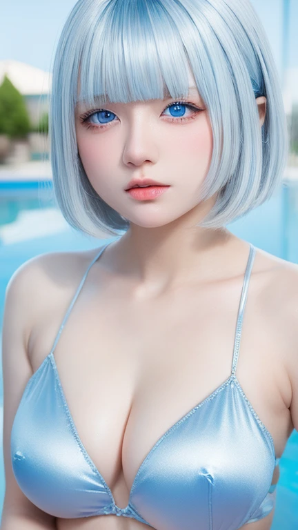 Beautiful and fair、Glowing Skin, 3 Up, Nice, bright, Refreshing and gentle look, Perfect beautiful face、Silver short hair，Silver Hair, Beautiful shiny bangs, Very beautiful 17 year old girl, eyeliner, so perfect and beautiful、Nice big, clear, Sky blue eyes，Very large breasts, tits