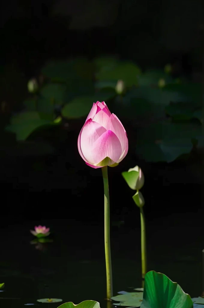 arafed Pink flowers budding in a pond with green leaves, 优雅地站在lotus上, lotus, Amazingly beautiful, 粉红lotus皇后, lotuss, lotus, lotus瓣, Pink flowers, Flowers growing from the head, 站在lotus上, by Xie Shichen, with lotuss, Beautiful flowers, Quiet and beautiful