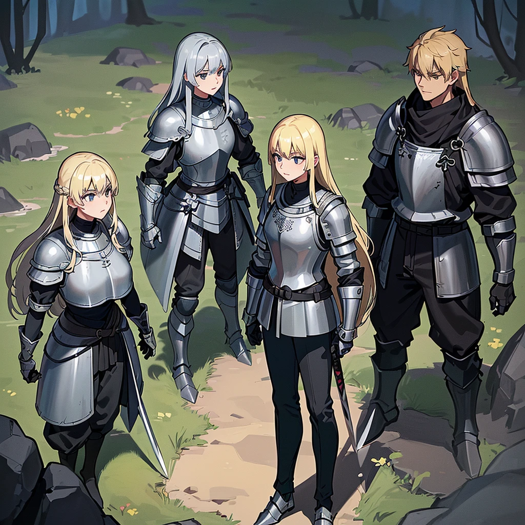 Best illustrations、Best Quality、(Full body character concept、detailed)、(((Simple grey armor、Black trousers、Black gloves、woman、18-year-old、Blonde、Long Hair)))、(((Grab the sword、Get Ready)))、(20 medieval knights)、(From above at an angle)、(Swamp、赤いSwamp)