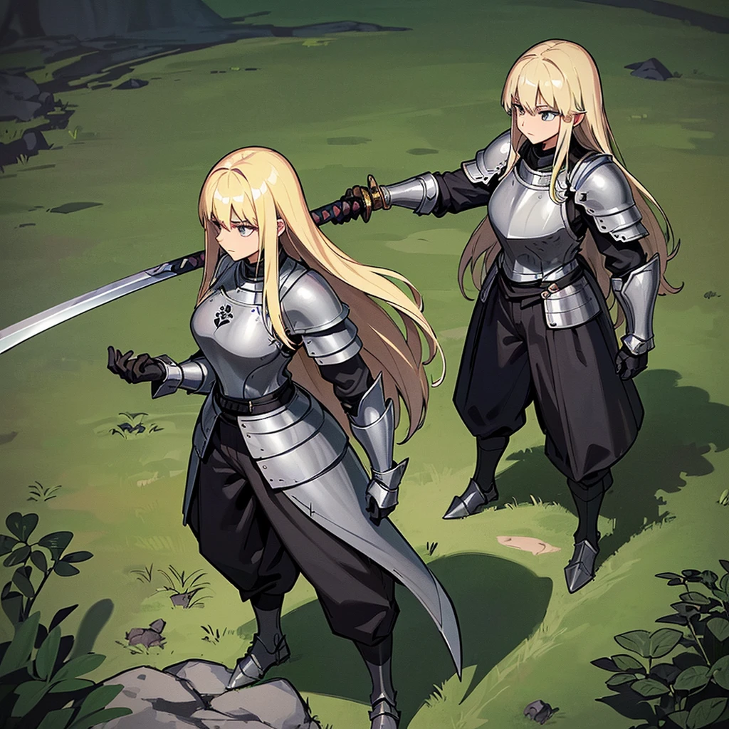 Best illustrations、Best Quality、(Full body character concept、detailed)、(((Simple grey armor、Black trousers、Black gloves、woman、18-year-old、Blonde、Long Hair)))、(((Grab the sword、Get Ready)))、(20 medieval knights)、(From above at an angle)、(Swamp、赤いSwamp)