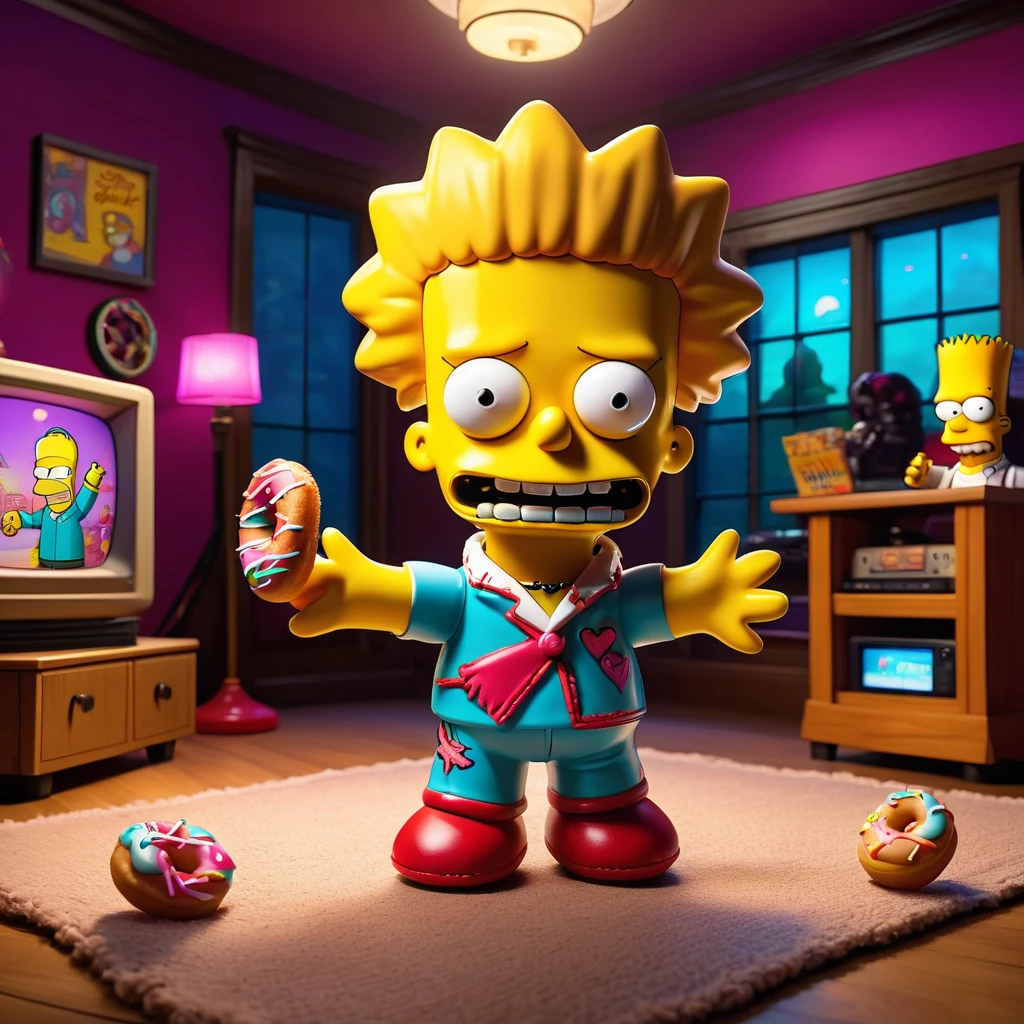 (knitted toy voodoo doll:1.5), (Voodoo Doll in a Simpsons Setting:1.3), (Clothing: cartoonish casual attire with donuts:1.0), (Accessories: enchanted donut emitting a playful glow, floating TV remote:1.1), (background: colorful Springfield with iconic locations, quirky characters, and an atmosphere of animated humor:1.2), best quality, masterpiece, detailed soft oil painting, detailed background, dramatic cinematic lighting, soft edge lighting, professional, dramatic lighting, hard edge lighting, ultra quality, 4k,masterpiece, best quality, 8k, ultra highres, highres, extremely detailed