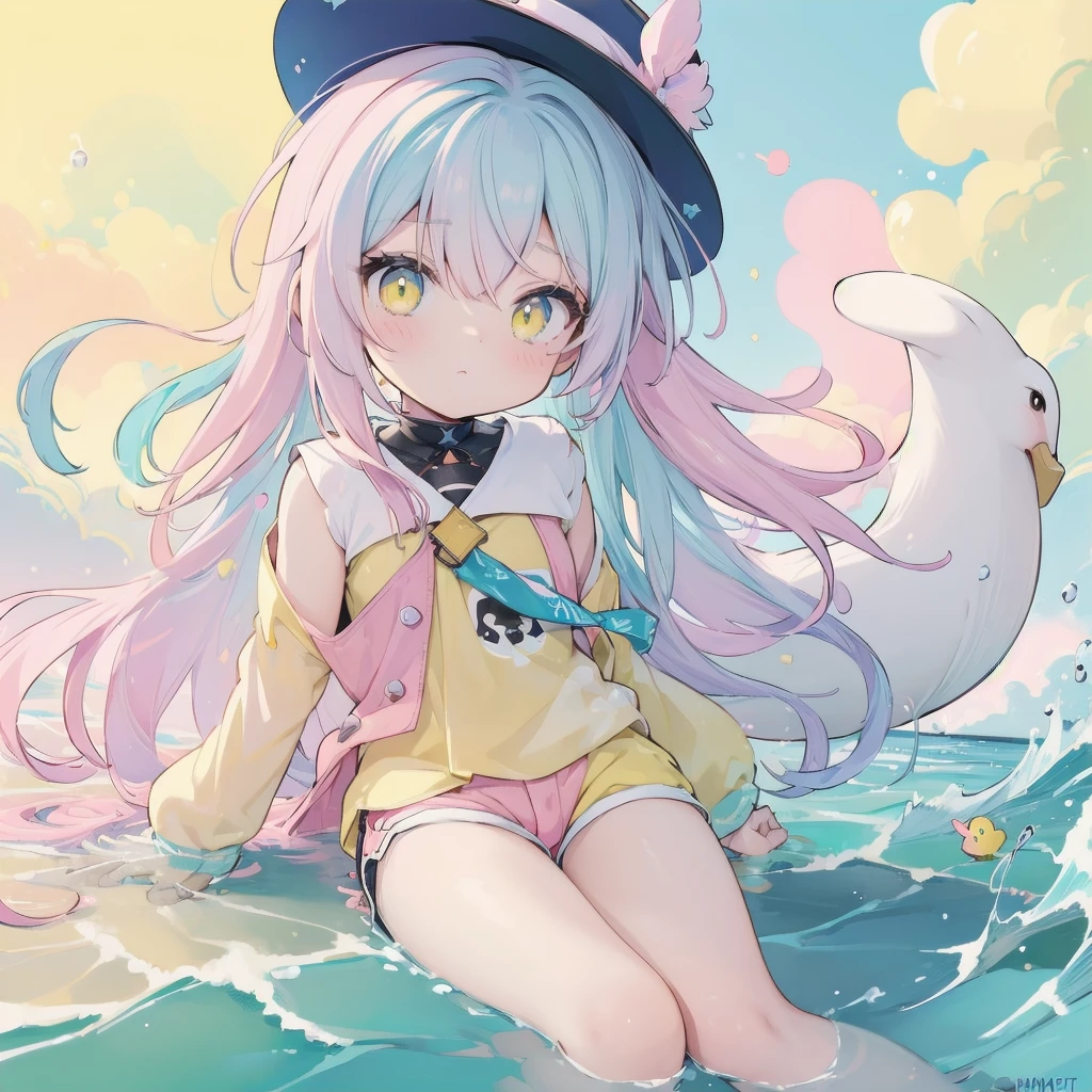 anime girl in a hat and shorts with ducks in the water, multicolor hair, (blue to pink hair:1.5,)an anime drawing by Kamagurka, trending on pixiv, process art, splash art anime , from the azur lane videogame, from girls frontline, cute art style, duckies, yellow. (color palette: yellow, pink, blue, pastel tones:1.5), ❤🔥🍄🌪, , azur lane style, fantasy duck concept portrait,LIME GREEN neon background of a forest 