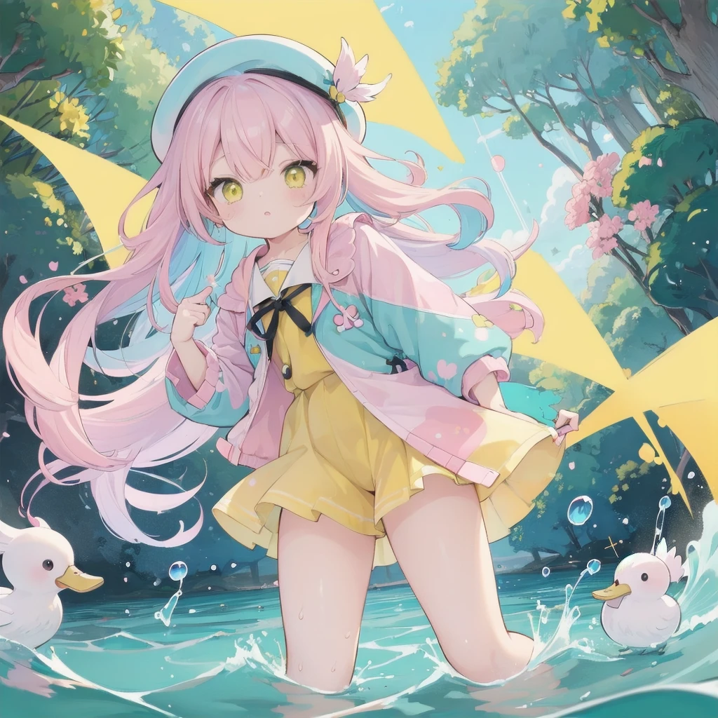 anime girl in a hat and shorts with ducks in the water, multicolor hair, (blue to pink hair:1.5,)an anime drawing by Kamagurka, trending on pixiv, process art, splash art anime , from the azur lane videogame, from girls frontline, cute art style, duckies, yellow. (color palette: yellow, pink, blue, pastel tones:1.5), ❤🔥🍄🌪, , azur lane style, fantasy duck concept portrait,LIME GREEN neon background of a forest 