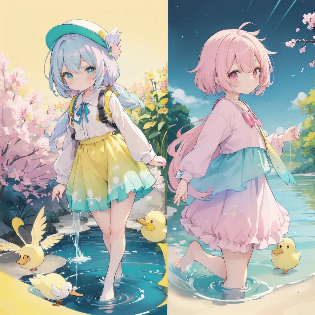 anime girl in a hat and shorts with ducks in the water, multicolor hair, (blue to pink hair:1.5,)an anime drawing by Kamagurka, trending on pixiv, process art, splash art anime , from the azur lane videogame, from girls frontline, cute art style, duckies, yellow. (color palette: yellow, pink, blue, pastel tones:1.5), ❤🔥🍄🌪, , azur lane style, fantasy duck concept portrait,LIME GREEN neon background of a forest