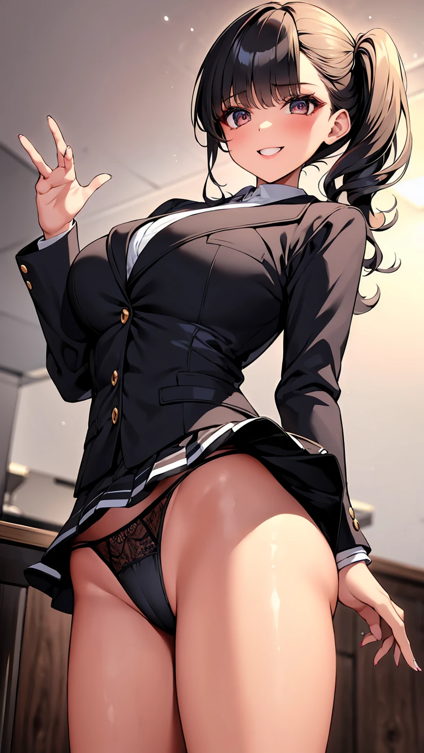 One Girl, Five Fingers, mini skirt, Looking down at the viewer、Dark eyeshadow、Galメイク, Blonde、Side Ponytail、Gal、Brown Skin, Highest quality, Focus on the thighs, Dynamic pose, smile, blazer, blouse, barefoot, Standing Split, classroom, Black Hair, Stylish pose,My thighs and groin are steamy 、Black gorgeous panties