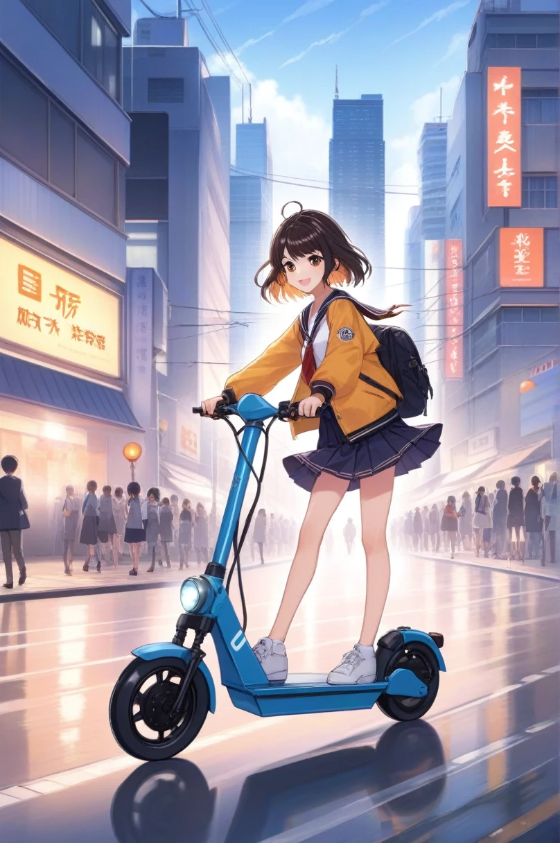 Anime artwork 2D, One Girl, Are standing, road, Riding around the city on an electric scooter . Anime Style, Key Visual, Studio Anime