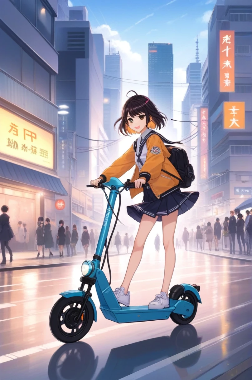 Anime artwork 2D, One Girl, Are standing, road, Riding around the city on an electric scooter . Anime Style, Key Visual, Studio Anime