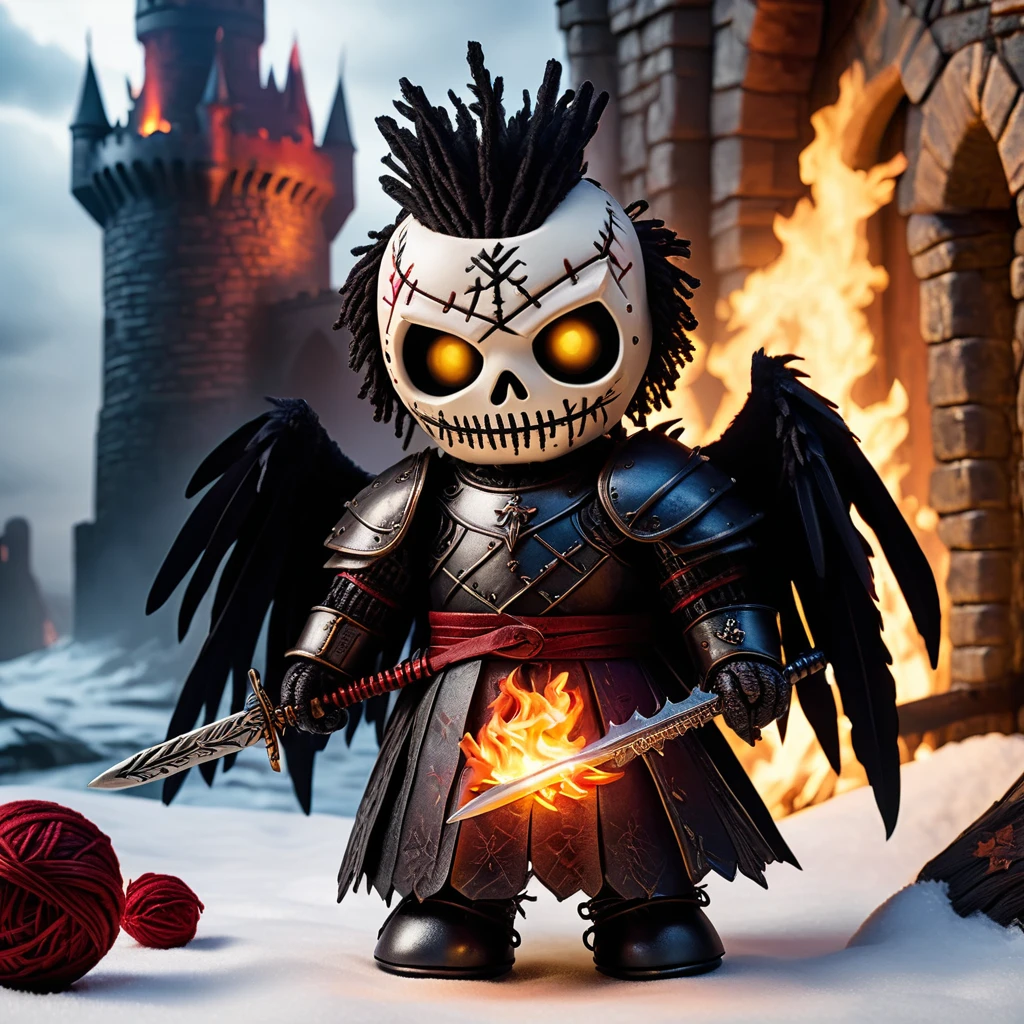 (knitted toy voodoo doll:1.5), (Voodoo Doll in a Game of Thrones Setting:1.3), (Clothing: medieval armor with a sword:1.0), (Accessories: enchanted dragon egg emitting a fiery glow, floating raven feathers:1.1), (background: majestic castle with iron thrones, snowy landscapes, and an atmosphere of epic fantasy and intrigue:1.2), best quality, masterpiece, detailed soft oil painting, detailed background, dramatic cinematic lighting, soft edge lighting, professional, dramatic lighting, hard edge lighting, ultra quality, 4k,masterpiece, best quality, 8k, ultra highres, highres, extremely detailed