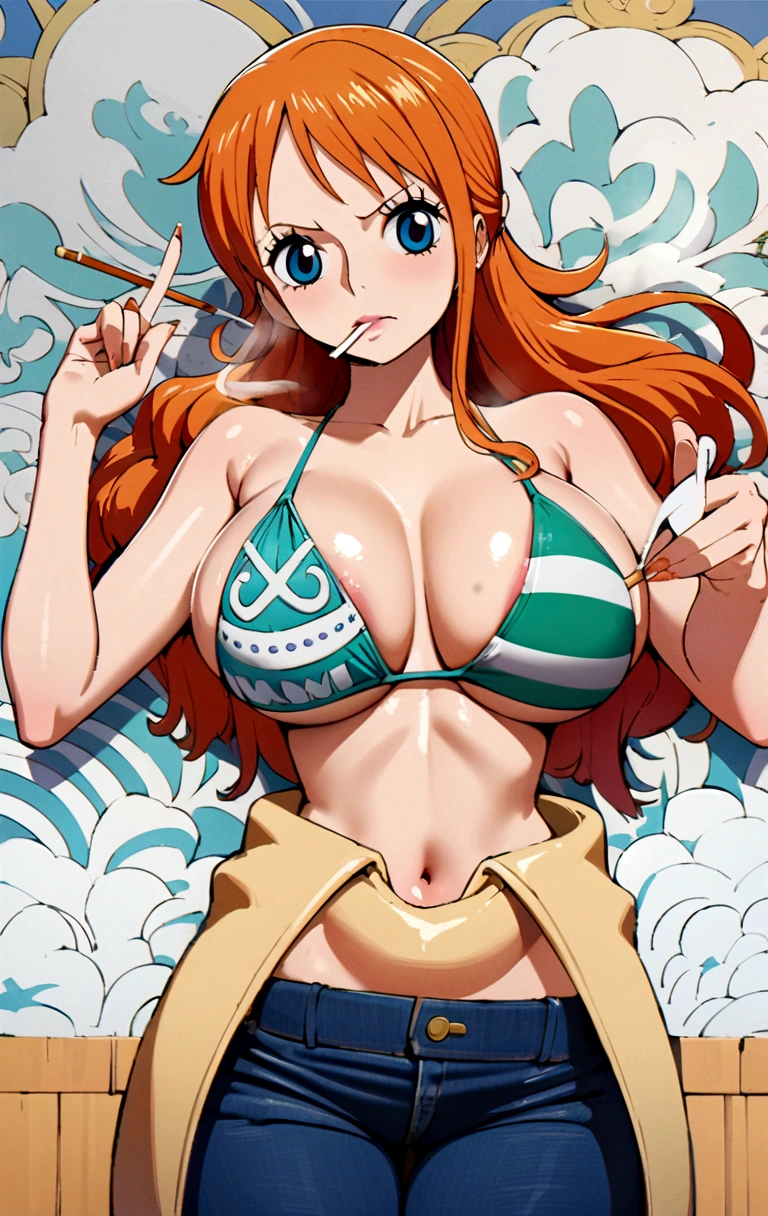 a cartoon picture of a woman in a bikini top and jeans, nami one piece, nami from one piece, nami, beautiful portrait of nami, from one piece, oppai, blue eyes, smoking, ponytail, nsfw