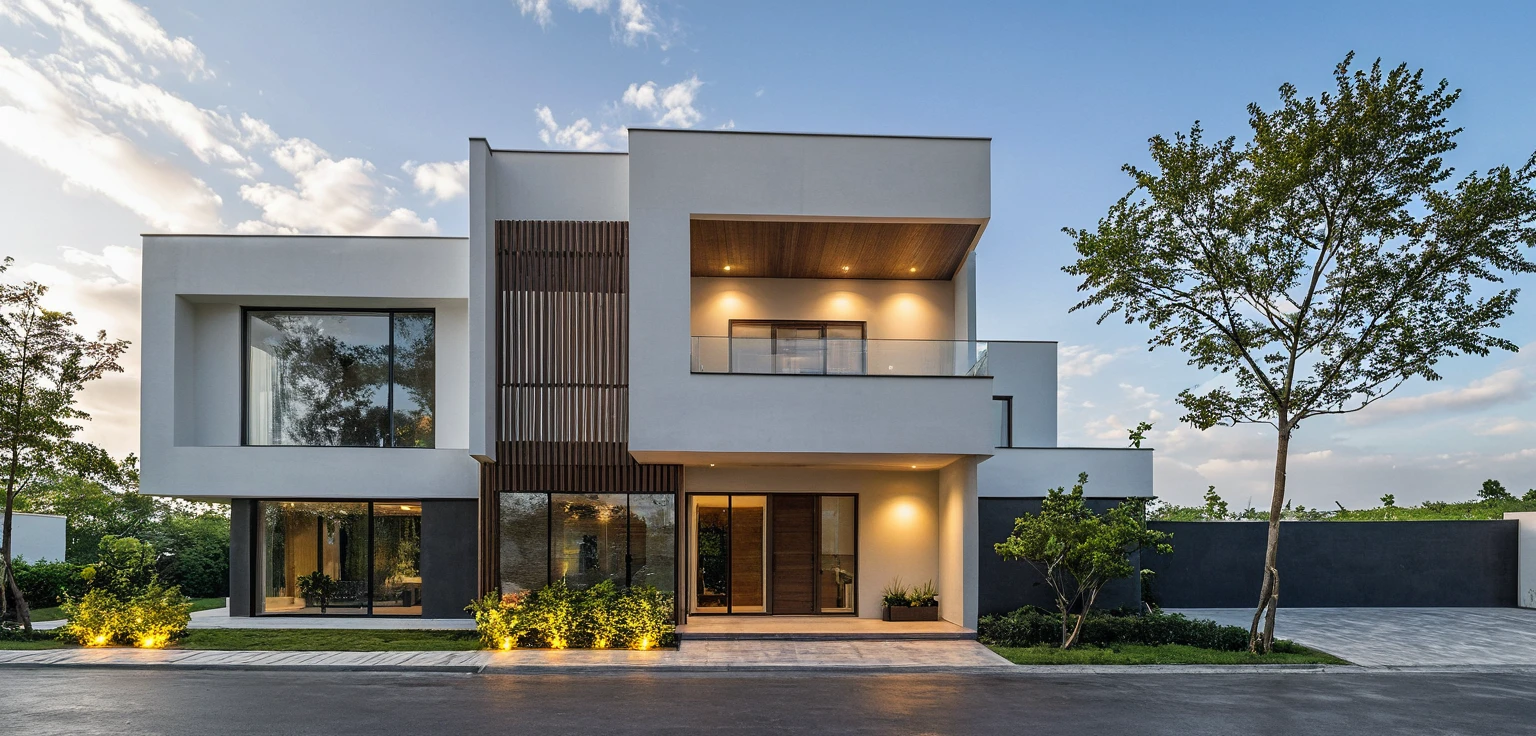 Masterpiece, high quality, best quality, authentic, super detail, outdoors, onestoreyvillaXL, aiaigroup, house style modern on the street ,stairs, white wall ,road,pavement, grass, trees, sky, cloud, (daylight:1.1)