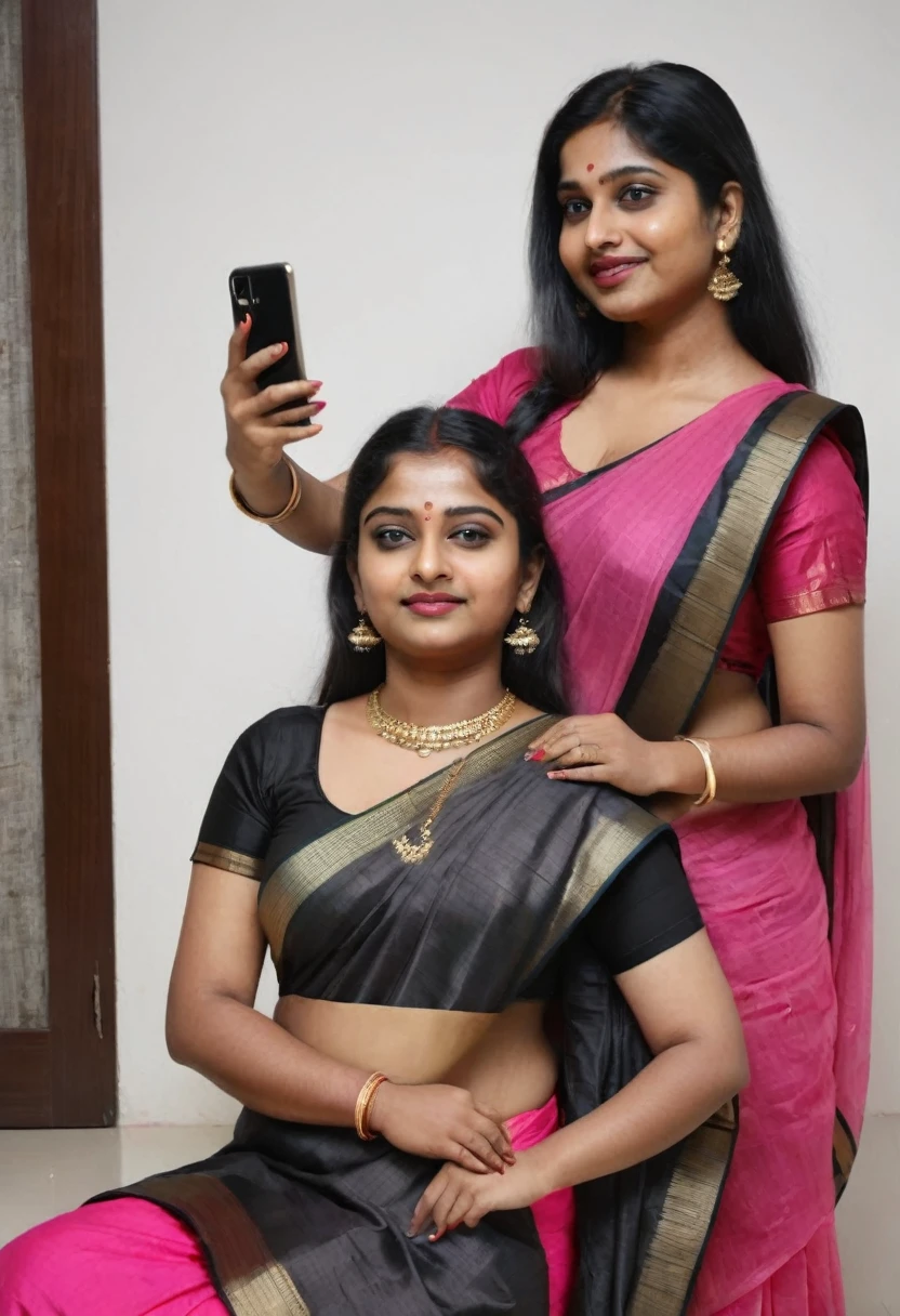 Full body shot 18 year old chubby south Indian girl in hot sexy pink top taking selfie with her 40 year old mom in black saree 