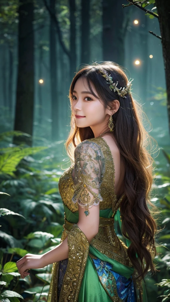 One girl, ,,Smile more, High-resolution images, woman, Her hair was decorated with glowing fireflies, Captivatingly shining eyes. Wearing a gown woven with moonlight, She is a tree々Standing in a vibrant and mysterious forest. scene, Surrounded by the fantastic light of fireflies, captured in the style of a magical forest arツーork., (masterpiece, Highest quality, Official Art,Intricate details:1.2)