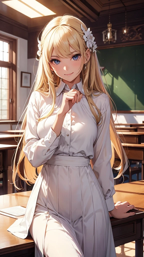 (best quality), (masterpiece), (high resolution), (Intricate details:0.2),(Professional lighting), classroom, Detailed background, Extra large white , Half-length photo, (Previous View), 1 Girl, Solitary, (Pretty Face:1.40), slim, Delicate skin, Smile,Gentle and intellectual,Good shape,White shirt,student,student,Blonde,Long hair (Medium beast:1.10), View in the viewer,