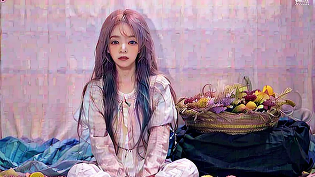 Ala Fed woman sitting on floor with basket of fruits and flowers, Two-tone hair, long hair with pastel colours, aurora Colored Hair, Colorful pastels, Larisa Manovar, Hair Color, multiColored Hair, Colorful long hair, Two-tone hair dye, Colorful Hair, Gradient Hair, pastel colour, Colored Hair, Bright rainbow hair colors