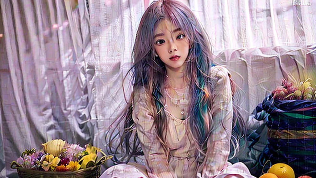 Ala Fed woman sitting on floor with basket of fruits and flowers, Two-tone hair, long hair with pastel colours, aurora Colored Hair, Colorful pastels, Larisa Manovar, Hair Color, multiColored Hair, Colorful long hair, Two-tone hair dye, Colorful Hair, Gradient Hair, pastel colour, Colored Hair, Bright rainbow hair colors
