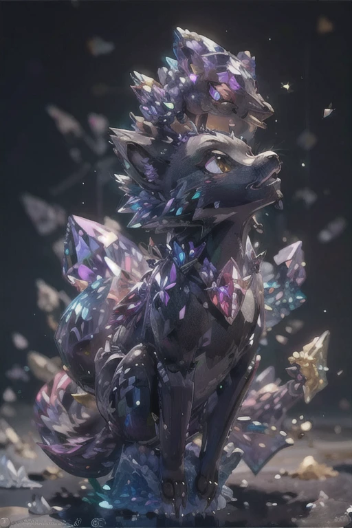 ((best quality)), ((masterpiece)), (detailed), animated purple and grey color fox, purple and grey color crystal fur, crystal shaped tail, large crystal on its head