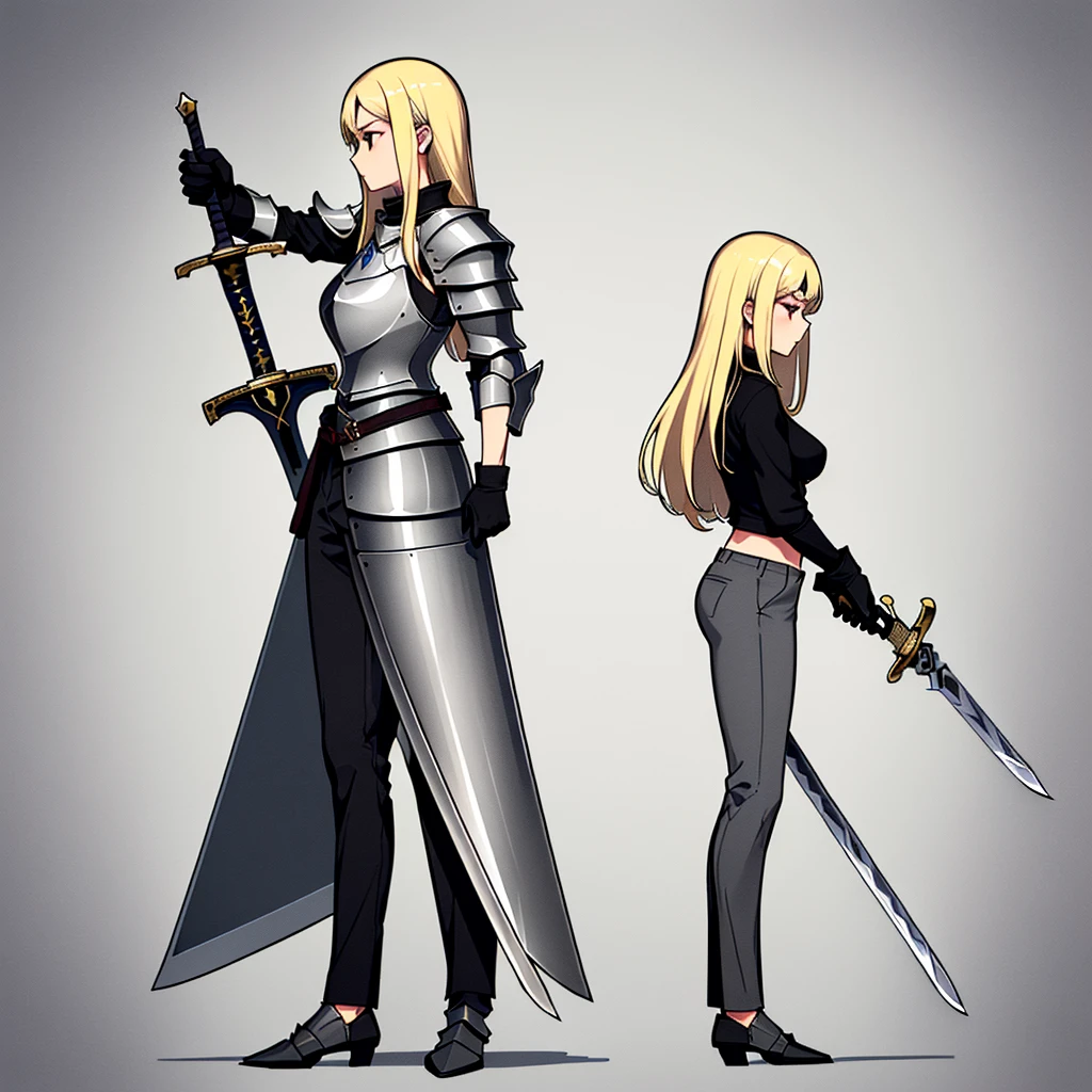 (Full body character concept、detailed)、(((Simple grey armor、Black trousers、Black gloves))、(woman、18-year-old)、(Blonde、Long Hair)、(((Grab the sword)))、(From the side、profile)