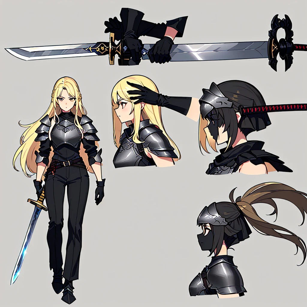(Full body character concept、detailed)、(((Simple grey armor、Black trousers、Black gloves))、(woman、18-year-old)、(Blonde、Long Hair)、(((Grab the sword)))、(From the side、profile)
