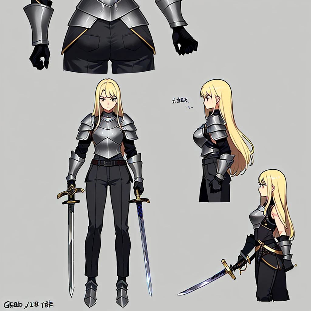 (Full body character concept、detailed)、(((Simple grey armor、Black trousers、Black gloves))、(woman、18-year-old)、(Blonde、Long Hair)、(((Grab the sword)))、(From the side、profile)