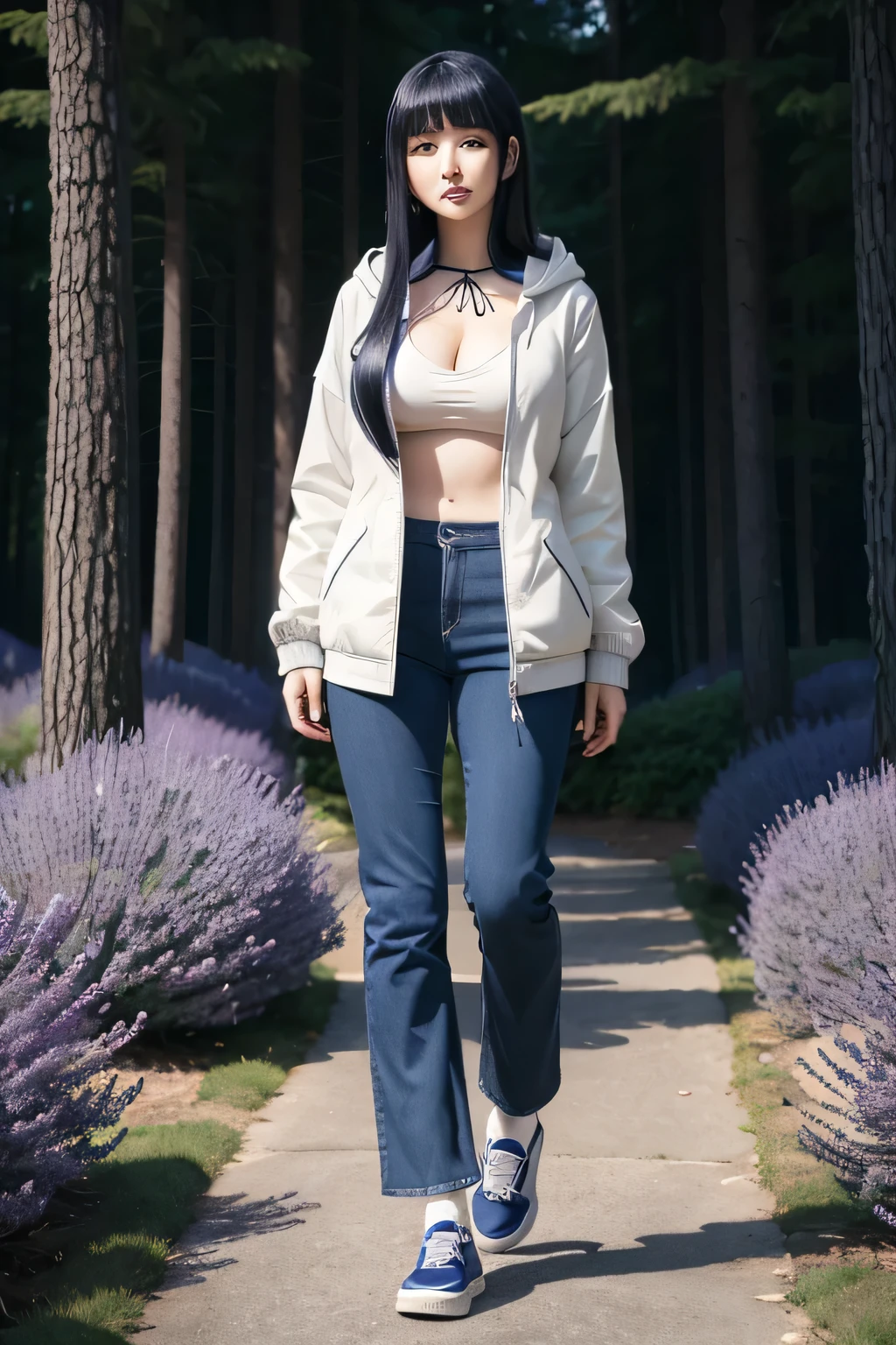 illustration of Hinata Hyuga from the Naruto anime series. The illustration should depict her in her classic outfit from the "Naruto Shippuden" era,( lavender and cream hooded jacket and dark blue pants. long dark blue hair, Byakugan eyes,) 
background serene setting, quiet forest, calm and gentle personality. (Outfit: Lavender and cream hooded jacket, dark blue pants.) 
(Hairstyle: Long dark blue hair.) 
(Eyes: Byakugan, with a pale, featureless look.), Big , showing clevage, 
