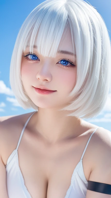 Beautiful and fair、Glowing Skin, 3 Up, Nice, bright, Refreshing and gentle look, Perfect beautiful face、White shorthair，White Hair, Beautiful shiny bangs, Very beautiful 17 year old girl, eyeliner, so perfect and beautiful、Nice big, clear, Sky blue eyes，Very large breasts