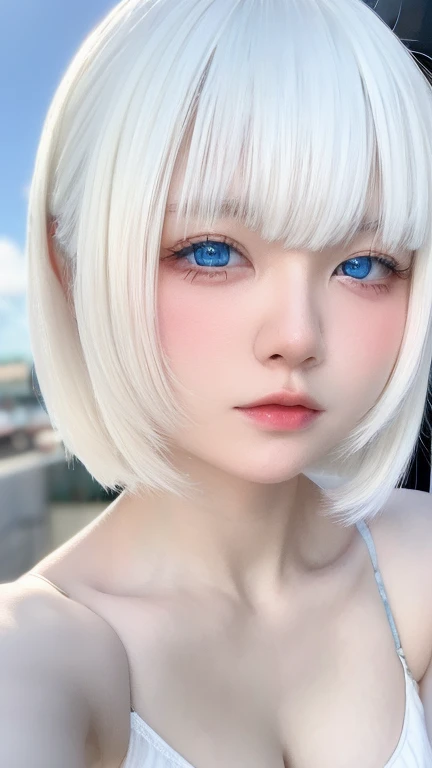 Beautiful and fair、Glowing Skin, 3 Up, Nice, bright, Refreshing and gentle look, Perfect beautiful face、White shorthair,White Hair, Beautiful shiny bangs, Very beautiful 17 year old girl, eyeliner, so perfect and beautiful、Nice big, clear, Sky blue eyes,Very large breasts