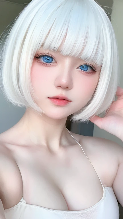 Beautiful and fair、Glowing Skin, 3 Up, Nice, bright, Refreshing and gentle look, Perfect beautiful face、White shorthair,White Hair, Beautiful shiny bangs, Very beautiful girl, eyeliner, so perfect and beautiful、Nice big, clear, Sky blue eyes,Very large breasts