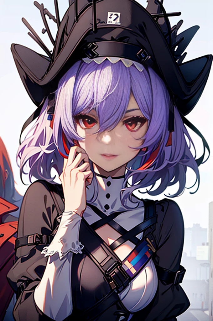 a beautiful girl with violet hair wearing a black dress, extremely detailed facial features, bob haircut, woman wearing a long black and red coat, solo character, white background, anime style, very detailed, photorealistic, 8k, best quality, masterpiece, red eyes, short hair