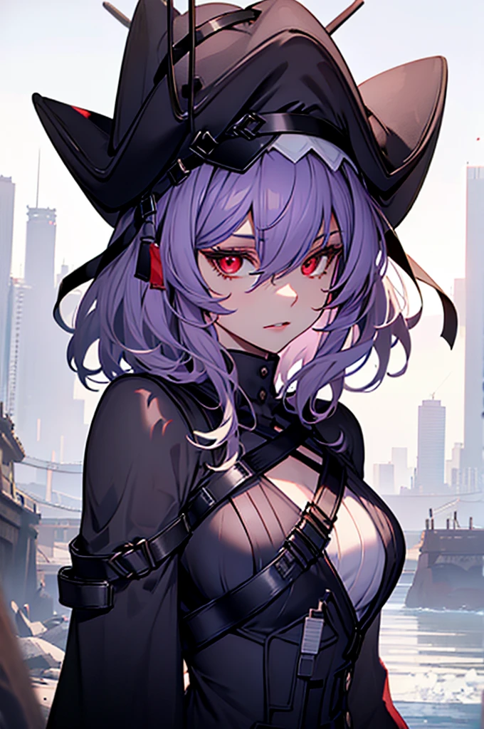 a beautiful girl with violet hair wearing a black dress, extremely detailed facial features, bob haircut, woman wearing a long black and red coat, solo character, white background, anime style, very detailed, photorealistic, 8k, best quality, masterpiece, red eyes, short hair