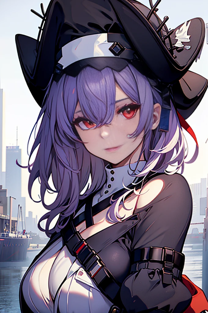 a beautiful girl with violet hair wearing a black dress, extremely detailed facial features, bob haircut, woman wearing a long black and red coat, solo character, white background, anime style, very detailed, photorealistic, 8k, best quality, masterpiece, red eyes, short hair