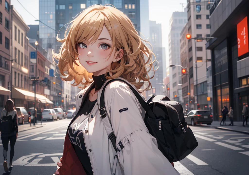 Realistic photos, Focus distance 10mm, Red and white, A big smile, Curly blonde hair, Beautiful girl, Realistic photos, Focus distance 10mmで撮影, masterpiece, 最high quality, high quality, Very detailed CG 8k wallpaper unit, Award-winning photography, Bokeh, Depth of written boundary, High resolution, bloom, chromatic aberration, Realistic, Very detailed, Art Station Trends, CGsociety Trends, Complex, High detail, dramatic, Art on the go, Modern Fashionista: "A stunning young girl with sleek, stylish hair, wearing trendy, high-fashion clothing, posing confidently in a modern cityscape."