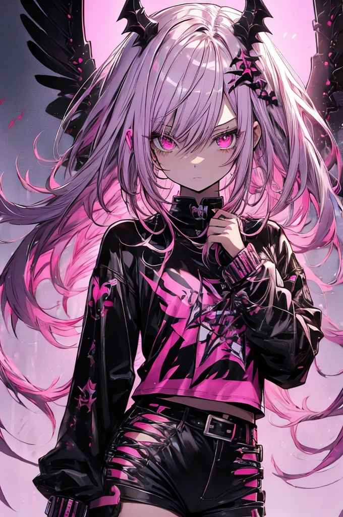 pink background. white, black, and gold streaked hair, hyper cute girl, red eyes, gothloli t-shirt, gothloli shorts, black boots, demon wings, demon tail, thorn halo, pink background, anime art style, detailed illustration, vibrant colors, soft lighting, focused gaze, edgy look, expressive face, unique style, eye-catching, modern fashion, detailed hair, realistic shading, pink background