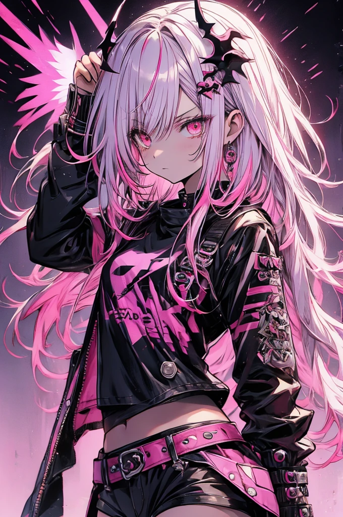 pink background. white, black, and gold streaked hair, hyper cute girl, red eyes, gothloli t-shirt, gothloli shorts, black boots, demon wings, demon tail, thorn halo, pink background, anime art style, detailed illustration, vibrant colors, soft lighting, focused gaze, edgy look, expressive face, unique style, eye-catching, modern fashion, detailed hair, realistic shading, pink background