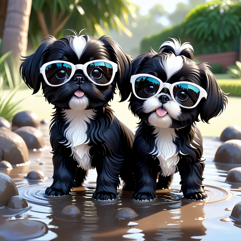 2 Adorable small black Shih Tzu puppies wearing white sunglasses playing in mudd 3d cartoon 3d render disney pixar style