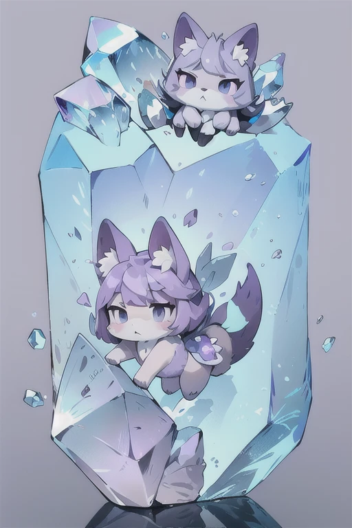 ((best quality)), ((masterpiece)), (detailed), animated purple and grey color fox, purple and grey color crystal fur, crystal shaped tail, large crystal on its head