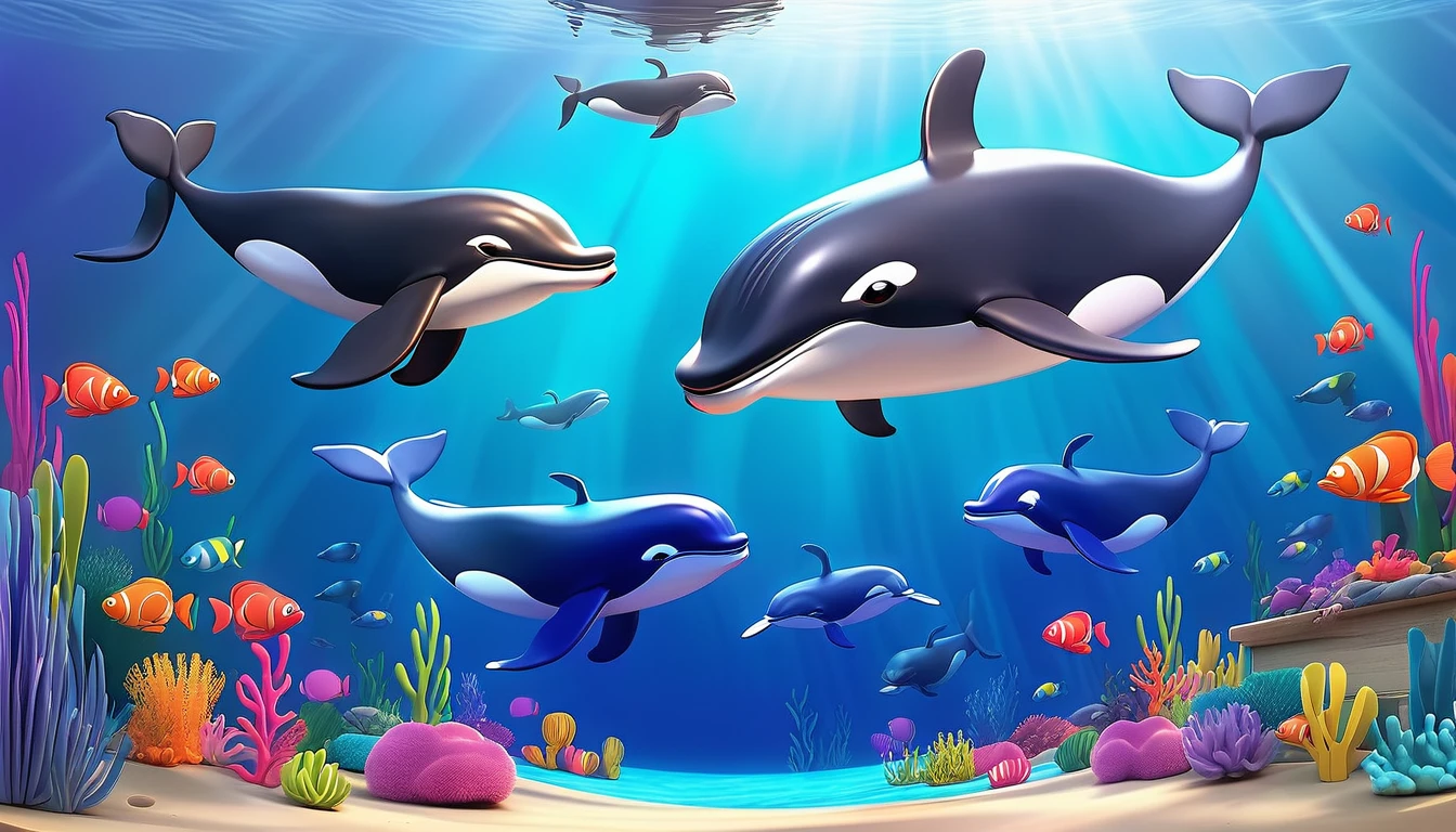 Create a 3-D Pixar style art scene for kids featuring a pod of whales swimming together. The scene should be colorful and vibrant, with an ocean background, coral reefs, and schools of fish.The overall mood should be engaging and inviting for young children."
