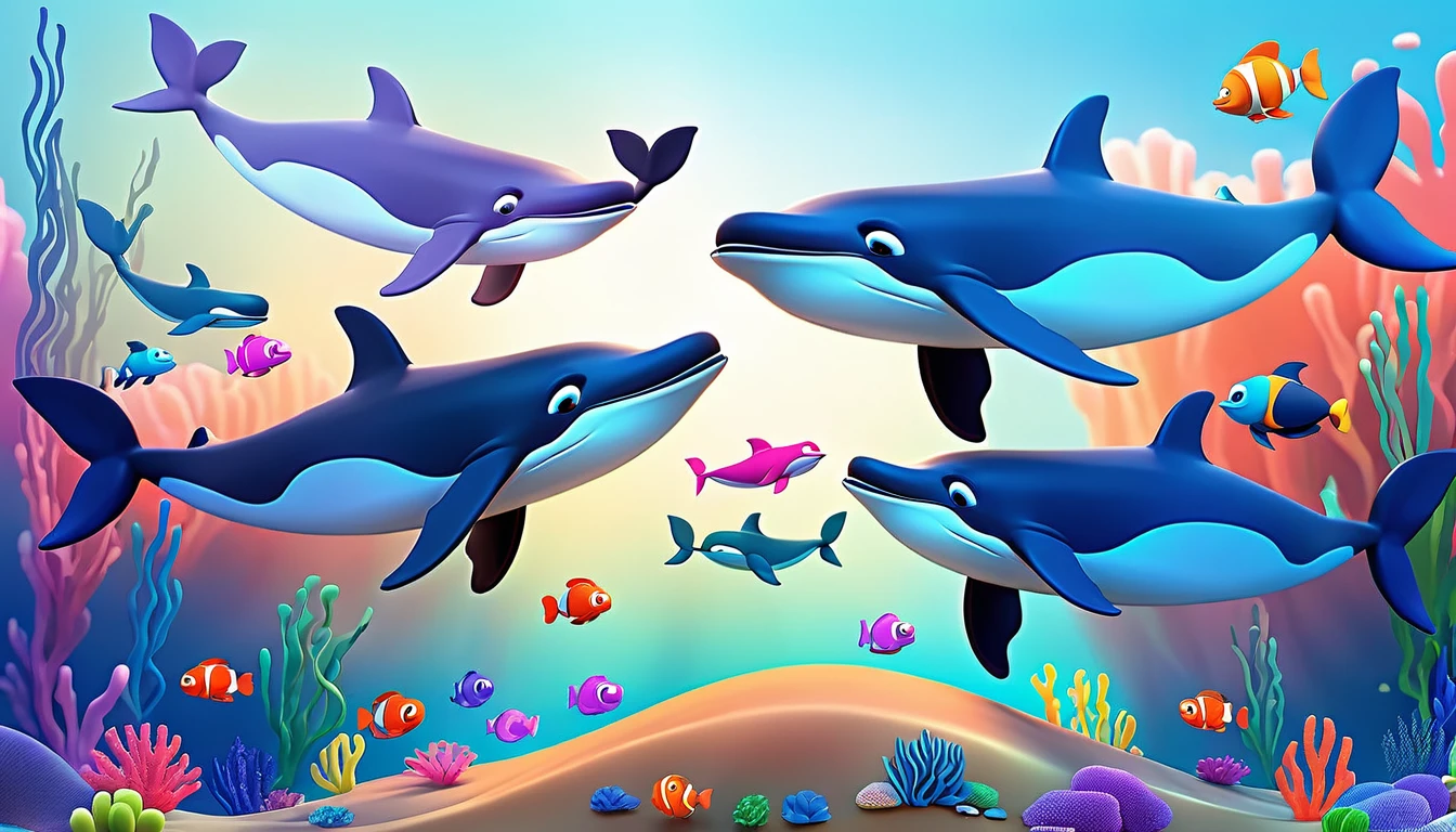 Create a 3-D Pixar style art scene for featuring a pod of whales swimming together. The scene should be colorful and vibrant, with an ocean background, coral reefs, and schools of fish.The overall mood should be engaging and inviting for young children."