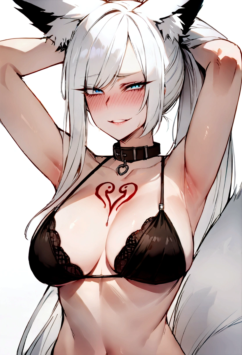 masterpiece, best quality, kitsune 2girl, beautiful kitsune woman, fox ears, bangs, white hair, very long hair, blue eyes, deep blush, grin, large breasts, womb tattoo, black dog collar, black bra, black panties, 5 white fox tails, white hair, cowboyshot, looking at viewer, arms behind head
