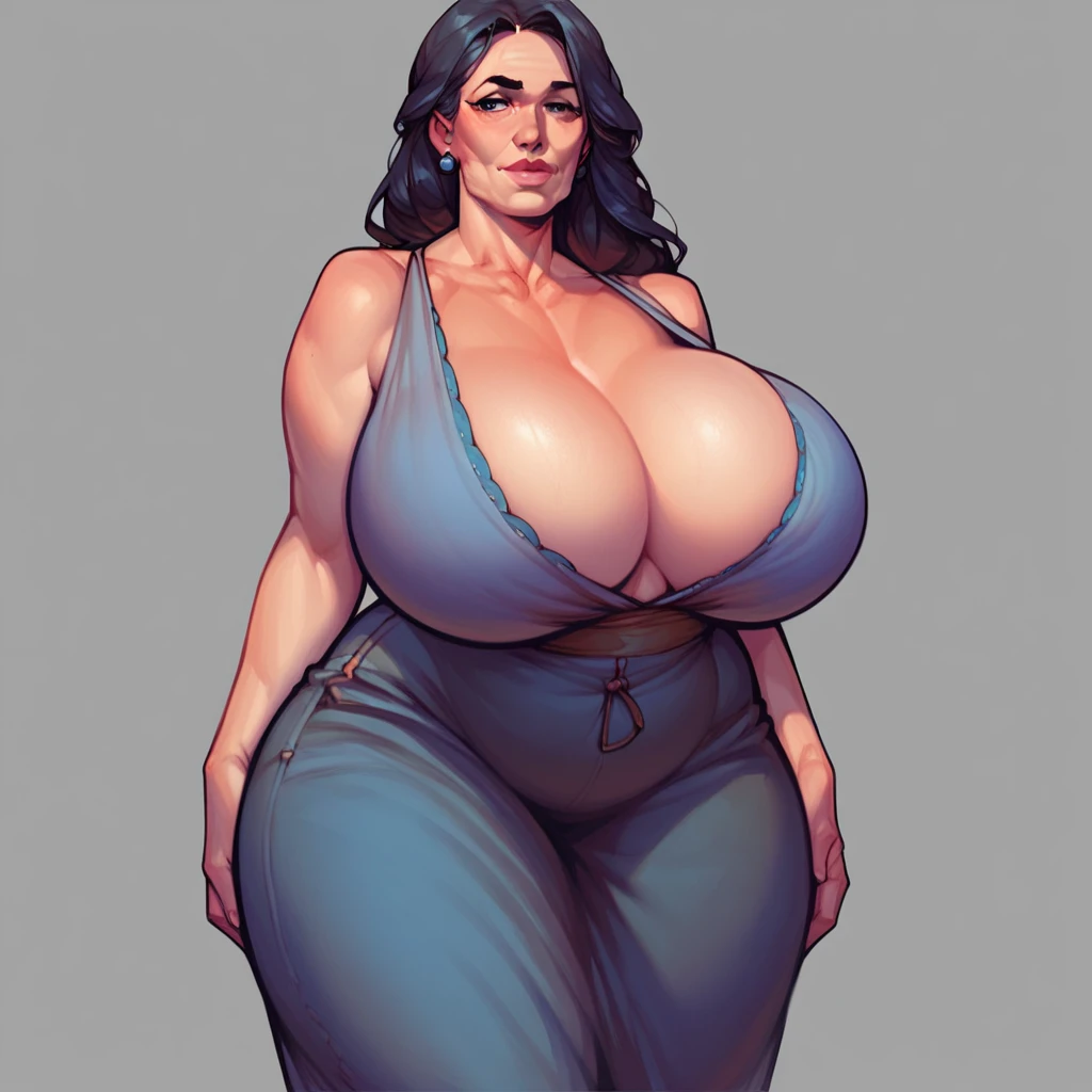 High quality, high detail, solo, best quality, 1girl, milf, (black hair, long hair,) sexy clothing, black eyes, huge breasts, wide hips, thick thighs, standing, simple background