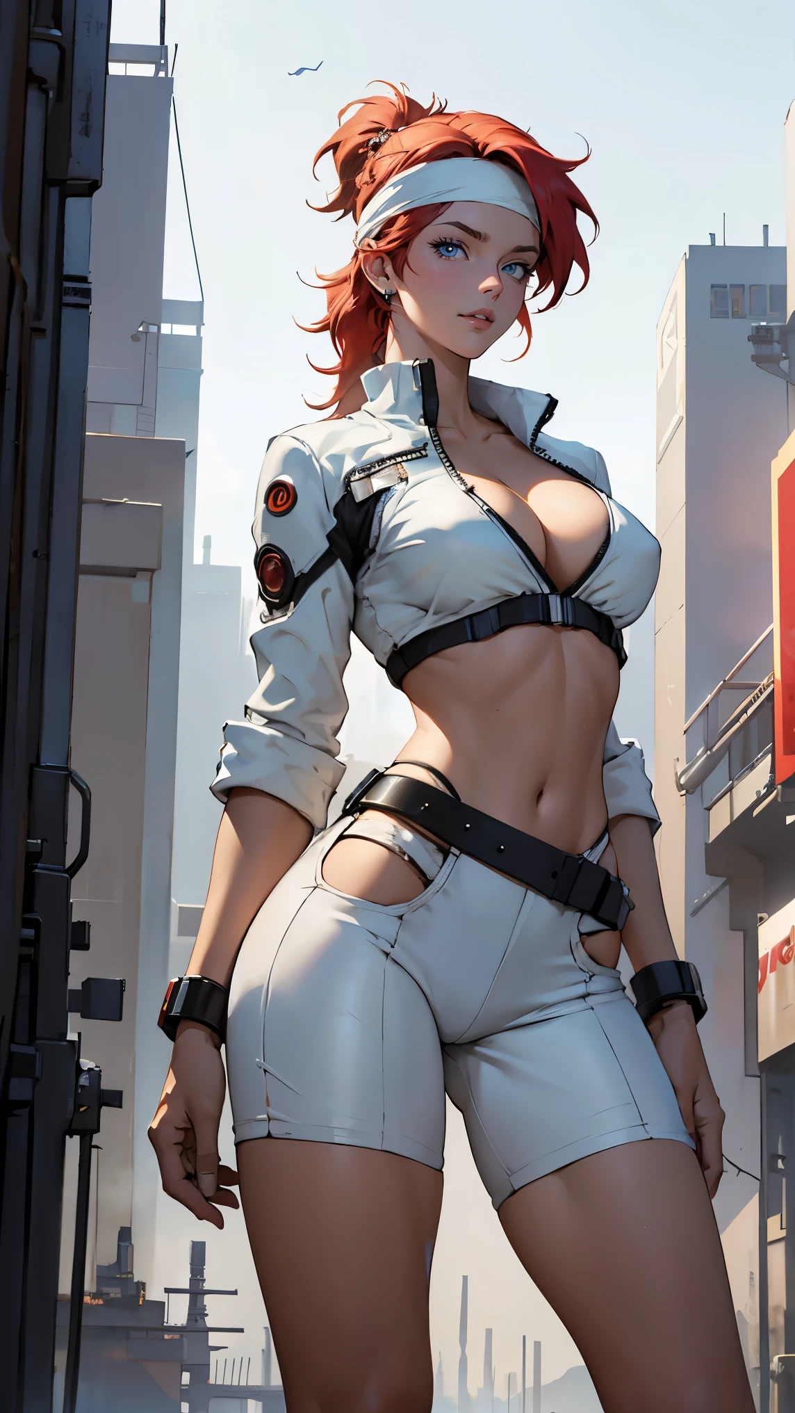 ((Masterpiece, highest quality; 1.3)), super quality, beautiful detail, super detailed, extra fine, 16K, exquisite, absurd, high resolution, beautiful background, detailed background, beautiful eyes, beautiful skin, anime style, Kay from Dirty Pair in a white outfit, tight outfit, cleavage, bushy redhead beauty, very light blue uniform, wearing tight clothes, skimpy, (mid chest: 1.2), cleavage, cleavage, slim waist , thin waist, slim thighs, thin legs, slim legs. thigh gap, showing stomach, skinny, thin hips, cyberpunk city background, holding retro space gun , headband,