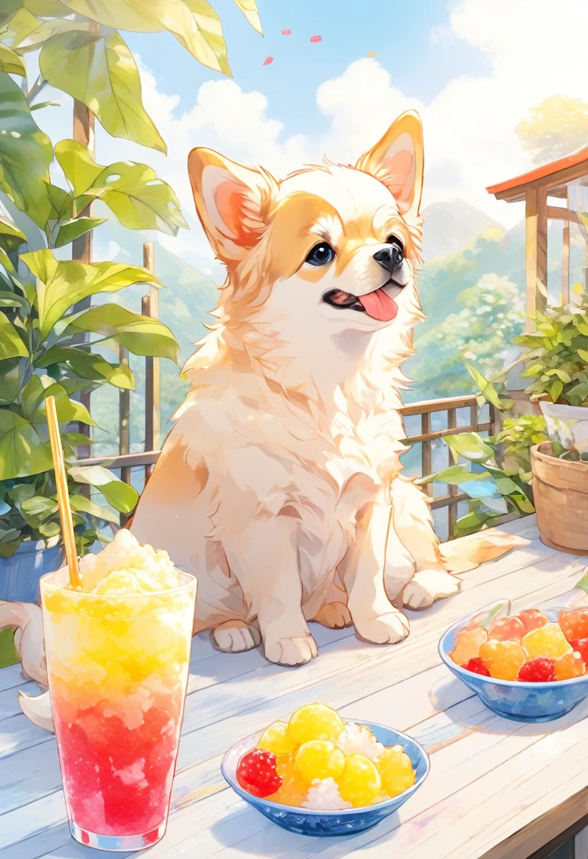 (Highest quality:0.8), (Highest quality:0.8), Perfect illustration、Close-up of a dog with shaved ice、Portrait、garden、Shaved ice and cat on the table、sunny、garden