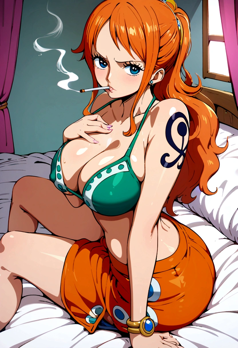 a cartoon picture of a woman in a bikini top and jeans, nami one piece, nami from one piece, nami, beautiful portrait of nami, from one piece, oppai, blue eyes, smoking, ponytail, nsfw