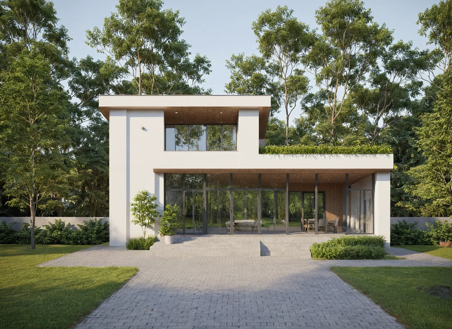 Raw photo,Masterpiece, high quality, best quality, authentic, super detail,
a large white house with a large driveway and trees, in style of ultra realistic, exterior design, vray beautiful, concept house, realistic 3 d style, hihgly detailed, architectural visualization, with vray, front view dramatic, realistic style, overall architectural design, contemporary house, very realistic render, highly realistic, wide angle exterior 2022, v ray