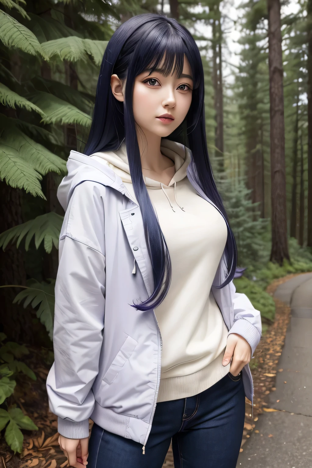 illustration of Hinata Hyuga from the Naruto anime series. The illustration should depict her in her classic outfit from the "Naruto Shippuden" era,( lavender and cream hooded jacket and dark blue pants. long dark blue hair, Byakugan eyes,)
background serene setting, quiet forest, calm and gentle personality. (Outfit: Lavender and cream hooded jacket, dark blue pants.)
(Hairstyle: Long dark blue hair.)
(Eyes: Byakugan, with a pale, featureless look.), Big , showing clevage,