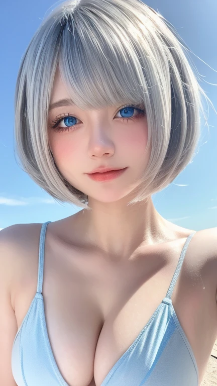 Beautiful and fair、Glowing Skin, 3 Up, Nice, bright, Refreshing and gentle look, Perfect beautiful face、White Short Hair,Gray Hair, Beautiful shiny bangs, Very beautiful 17 year old girl, eyeliner, so perfect and beautiful、Nice big, clear, Sky blue eyes,Very large breasts, Adult