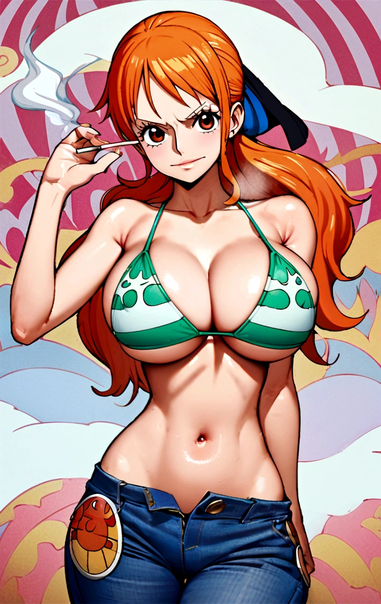 a cartoon picture of a woman in a bikini top and jeans, nami one piece, nami from one piece, nami, beautiful portrait of nami, from one piece, oppai, blue eyes, smoking, ponytail, nsfw