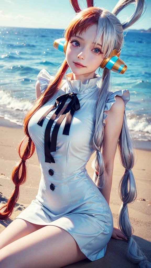 ((top-quality, 8K, masterpiece:1.3)), A detailed eye, (looking at from the front), Look at the camera, ((Everything is sparkling、reflecting light:1.2)), (Best Ratio: 4 fingers, 1 thumb), (portrait), (((Uta from One Piece))), 1 girl, cute face, head tilt, half body shot, sitting, blushing, seiza, naughty face, (((arms behind back))), confused, outdoor, beach, expressive eyes, perfect face, dress, uta, long hair, white dress, headphones, ribbon, medium breasts, neck ribbon, split-color hair, hair over one eye, twintails, hair rings, black ribbon,