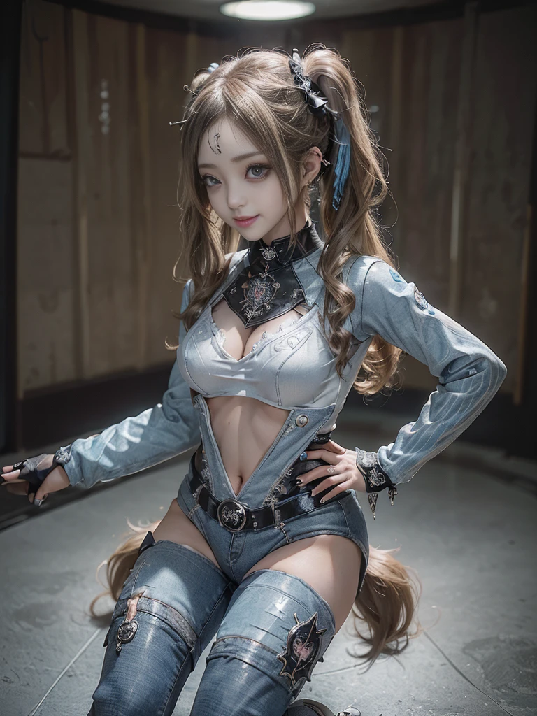 (Full Body View:1.3)、(Side view:1.1)、(Smiling with teeth showing:1.3),(Shibuya Gal:1.5)、(Gothic Lolita style fashion:1.5)、(Punk RockVisual Kei:1.5)、(Wearing a rhythmic gymnastics bodysuit with intricate details:1.4)、(Racing suit and pants with intricate decorations in white, denim and charcoal:1.5)、(Denim and light blue and white boots:1.3)、((belt))、(Numerous delicate logo marks all over the costume:1.4)、(collar:1.3)、(Striped underwear:1.5)、20-year-old、NSFW、((Highest quality、In 8K、masterpiece:1.3))、Sharp focus:1.2、(Layered Cut、Huge boobs:1.1),Beautiful woman with perfect figure:1.4、(Doing an aerobics pose:1.3)、Slender Abs:1.2、Highly detailed face and skin texture、Detailed eyes、double eyelid,(Twin tails:1.3)、(Brown-golden hair:1.3)、Gravure idol、(The background is a beautiful crystal underground palace:1.3)、(Slim body:1.3),(Make your legs thinner:1.4),(Thin thighs:1.1)、（clavicle:1.1）