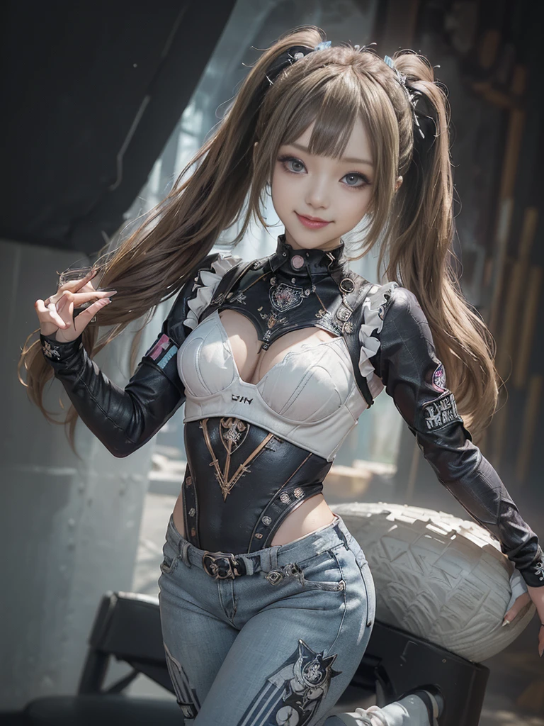 (Full Body View:1.3)、(Side view:1.1)、(Smiling with teeth showing:1.3),(Shibuya Gal:1.5)、(Gothic Lolita style fashion:1.5)、(Punk RockVisual Kei:1.5)、(Wearing a rhythmic gymnastics bodysuit with intricate details:1.4)、(Racing suit and pants with intricate decorations in white, denim and charcoal:1.5)、(Denim and light blue and white boots:1.3)、((belt))、(Numerous delicate logo marks all over the costume:1.4)、(collar:1.3)、(Striped underwear:1.5)、20-year-old、NSFW、((Highest quality、In 8K、masterpiece:1.3))、Sharp focus:1.2、(Layered Cut、Huge boobs:1.1),Beautiful woman with perfect figure:1.4、(Doing an aerobics pose:1.3)、Slender Abs:1.2、Highly detailed face and skin texture、Detailed eyes、double eyelid,(Twin tails:1.3)、(Brown-golden hair:1.3)、Gravure idol、(The background is a beautiful crystal underground palace:1.3)、(Slim body:1.3),(Make your legs thinner:1.4),(Thin thighs:1.1)、(clavicle:1.1)